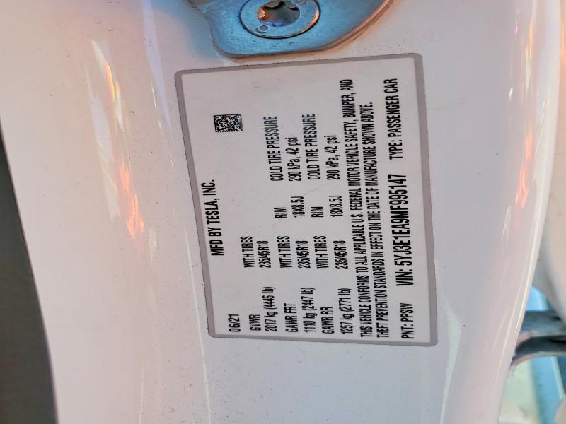 60695416 :رقم المزاد ، 5YJ3E1EA9MF995147 vin ، 2021 Tesla Model 3 مزاد بيع