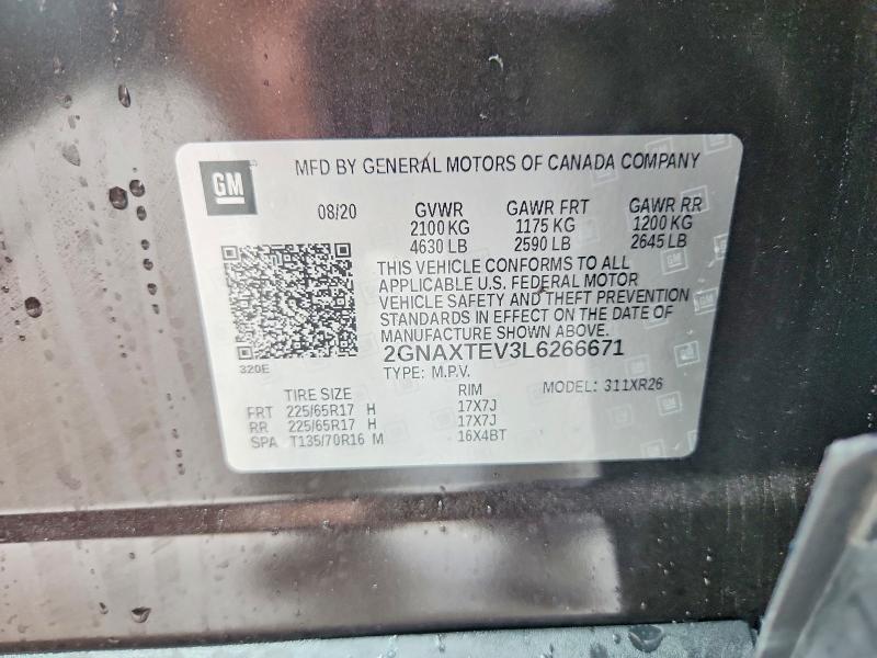 Продаж на аукціоні авто 2020 Chevrolet Equinox, vin: 2GNAXTEV3L6266671, номер лоту: 62028776