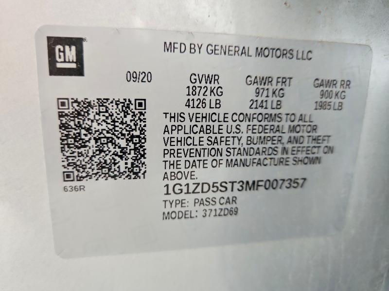 60378106 :رقم المزاد ، 1G1ZD5ST3MF007357 vin ، 2021 Chevrolet Malibu مزاد بيع