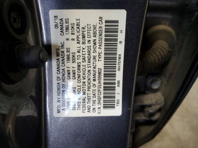 Aukcja sprzedaży 2018 Honda Civic, vin: 2HGFC2F55JH599802, numer aukcji: 59791686