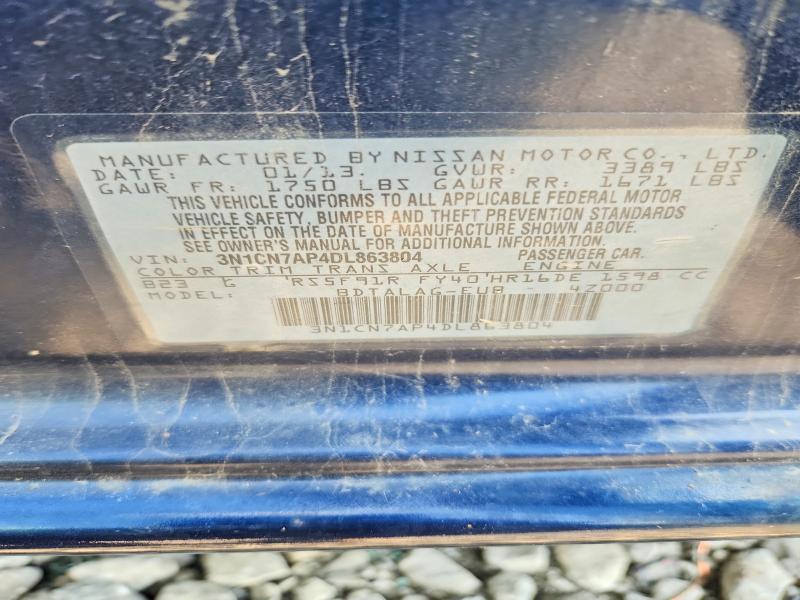 63151326 :رقم المزاد ، 3N1CN7AP4DL863804 vin ، 2013 Nissan Versa مزاد بيع