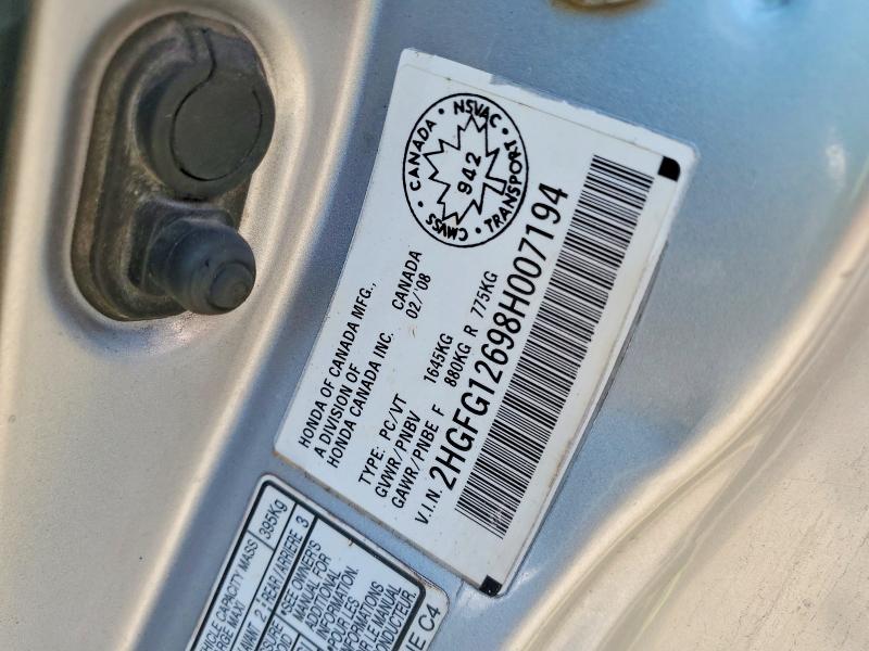 2008 Honda Civic მანქანა იყიდება აუქციონზე, vin: 2HGFG12698H007194, აუქციონის ნომერი: 60293806
