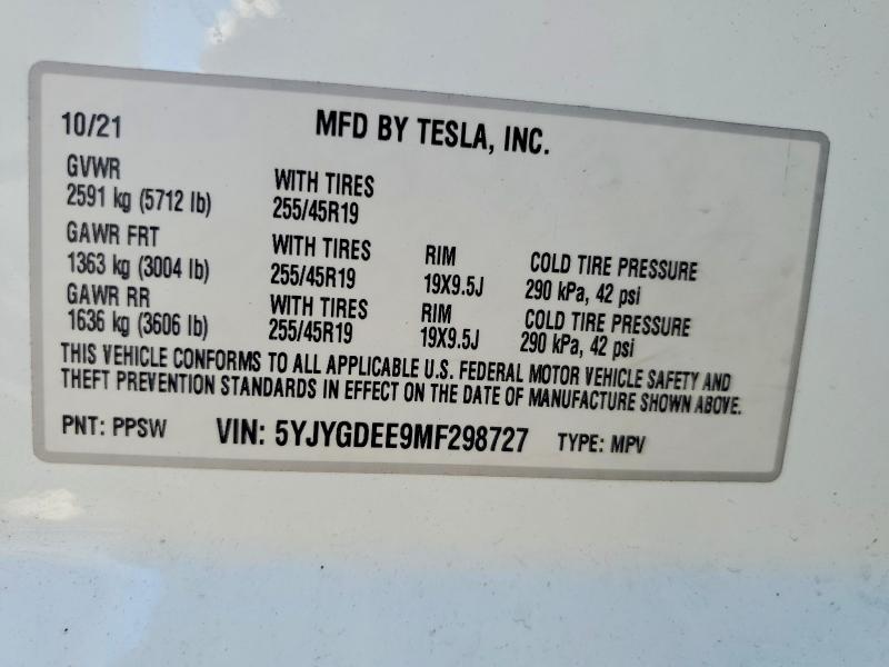Продаж на аукціоні авто 2021 Tesla Model Y, vin: 5YJYGDEE9MF298727, номер лоту: 60549856