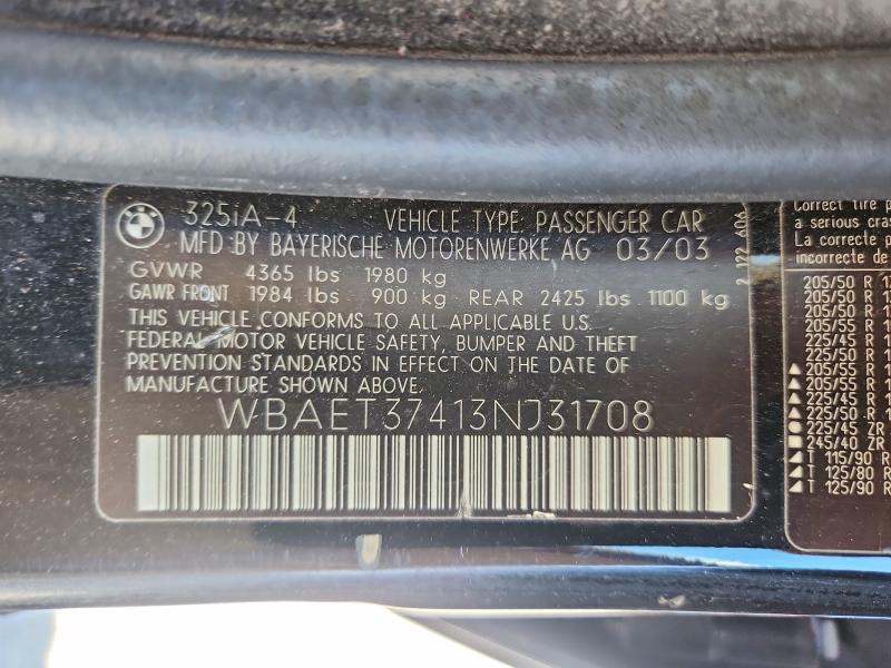 62643476 :رقم المزاد ، WBAET37413NJ31708 vin ، 2003 Bmw 325 مزاد بيع
