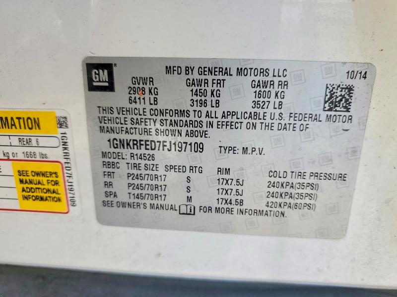 61751116 :رقم المزاد ، 1GNKRFED7FJ197109 vin ، 2015 Chevrolet Traverse مزاد بيع