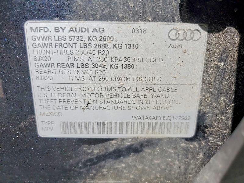 2018 Audi Sq5 მანქანა იყიდება აუქციონზე, vin: WA1A4AFY5J2147989, აუქციონის ნომერი: 62903966