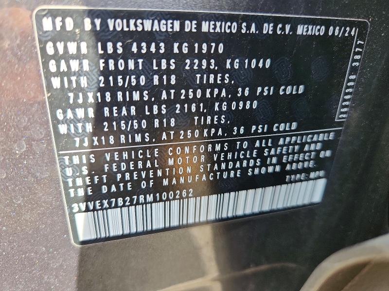 2024 Volkswagen Taos მანქანა იყიდება აუქციონზე, vin: 3VVEX7B27RM100262, აუქციონის ნომერი: 60124546