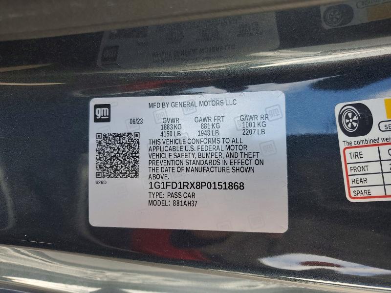 2023 Chevrolet Camaro მანქანა იყიდება აუქციონზე, vin: 1G1FD1RX8P0151868, აუქციონის ნომერი: 61617986