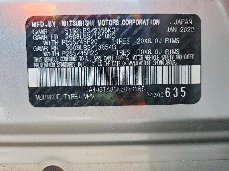 2022 Mitsubishi Outlander მანქანა იყიდება აუქციონზე, vin: JA4J3TA86NZ063165, აუქციონის ნომერი: 63222396
