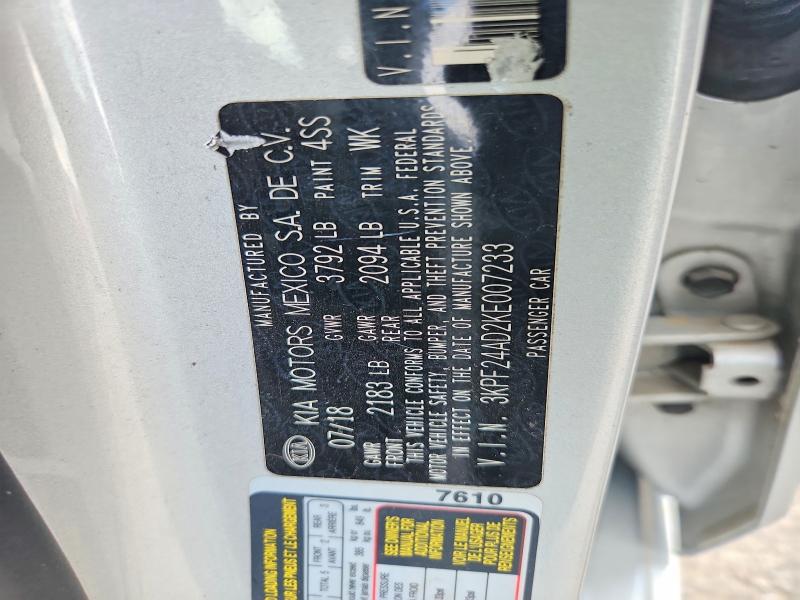 2019 Kia Forte მანქანა იყიდება აუქციონზე, vin: 3KPF24AD2KE007233, აუქციონის ნომერი: 60001176