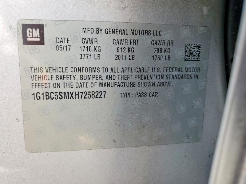 2017 Chevrolet Cruze მანქანა იყიდება აუქციონზე, vin: 1G1BC5SMXH7258227, აუქციონის ნომერი: 62849356