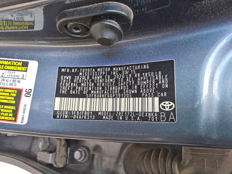 Продажа на аукционе авто 2016 Toyota Corolla, vin: 5YFBURHE6GP391205, номер лота: 61397726