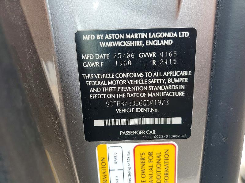 Продажа на аукционе авто 2006 Aston Martin V8, vin: SCFBB03B86GC01973, номер лота: 56300566