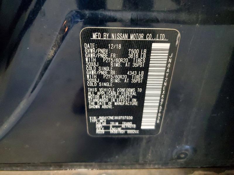 62312826 :رقم المزاد ، JN8AY2NEXK9757939 vin ، 2019 Nissan Armada مزاد بيع