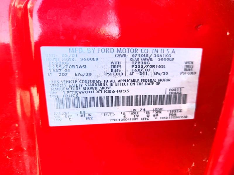 2001 Ford F150 მანქანა იყიდება აუქციონზე, vin: 1FTRW08LX1KB64835, აუქციონის ნომერი: 60137946