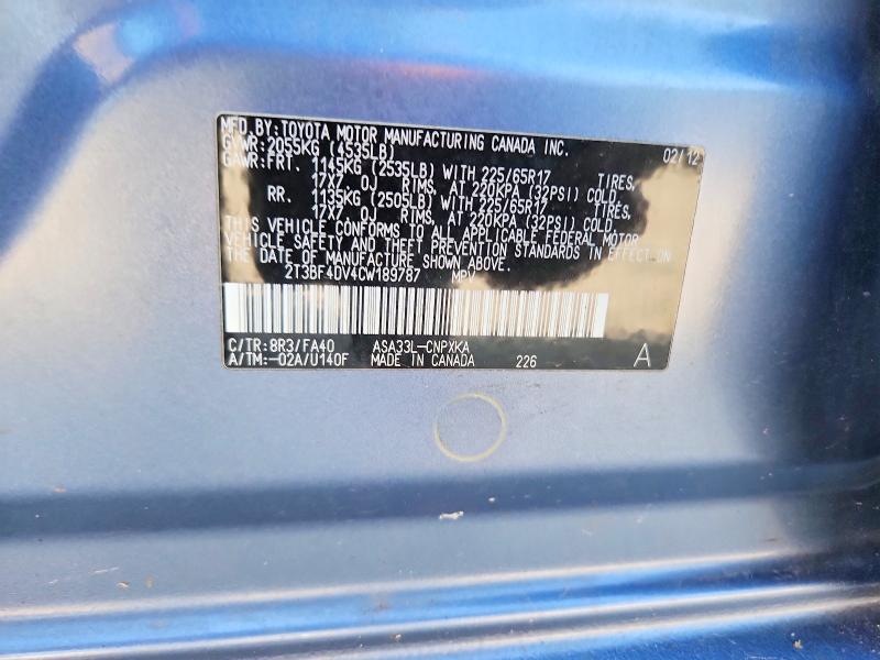 Aukcja sprzedaży 2012 Toyota Rav4, vin: 2T3BF4DV4CW189787, numer aukcji: 60922196