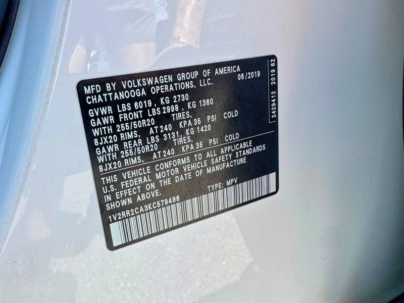61205436 :رقم المزاد ، 1V2RR2CA3KC579496 vin ، 2019 Volkswagen Atlas مزاد بيع