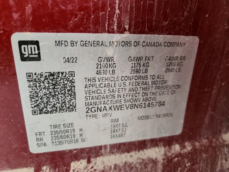 59989716 :رقم المزاد ، 2GNAXWEV8N6145784 vin ، 2022 Chevrolet Equinox مزاد بيع