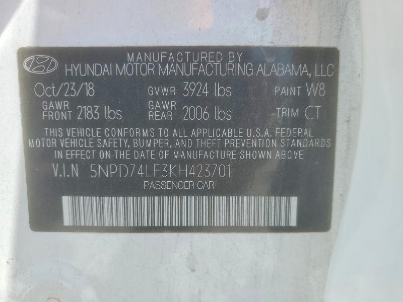 2019 Hyundai Elantra მანქანა იყიდება აუქციონზე, vin: 5NPD74LF3KH423701, აუქციონის ნომერი: 59710116