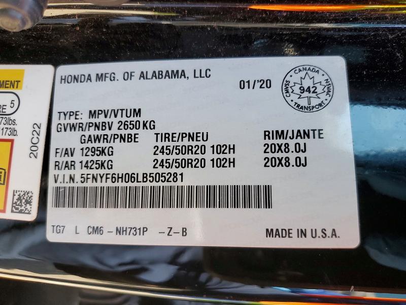 Продажа на аукционе авто 2020 Honda Pilot, vin: 5FNYF6H06LB505281, номер лота: 57744466