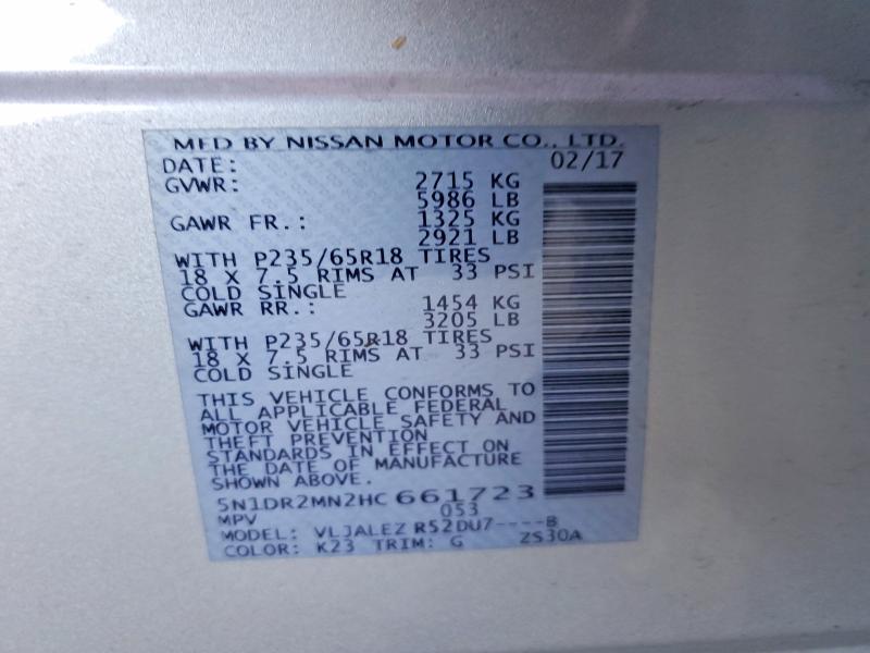 Продаж на аукціоні авто 2017 Nissan Pathfinder, vin: 5N1DR2MN2HC661723, номер лоту: 61975206
