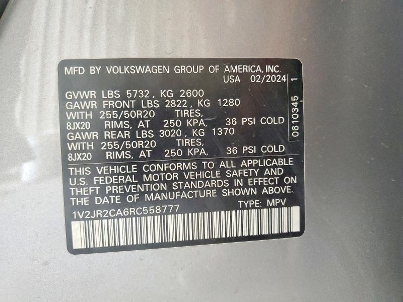2024 Volkswagen Atlas მანქანა იყიდება აუქციონზე, vin: 1V2JR2CA6RC558777, აუქციონის ნომერი: 61123276