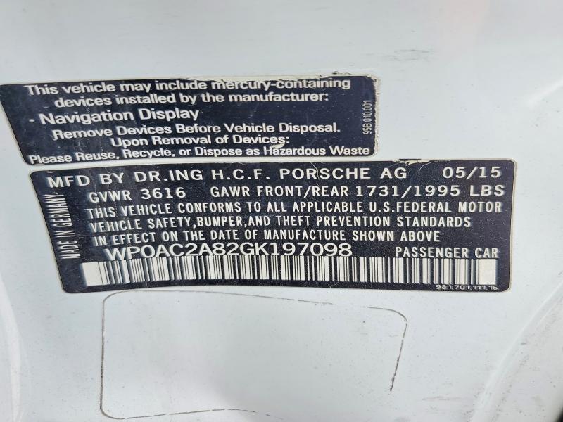 60589916 :رقم المزاد ، WP0AC2A82GK197098 vin ، 2016 Porsche Cayman مزاد بيع