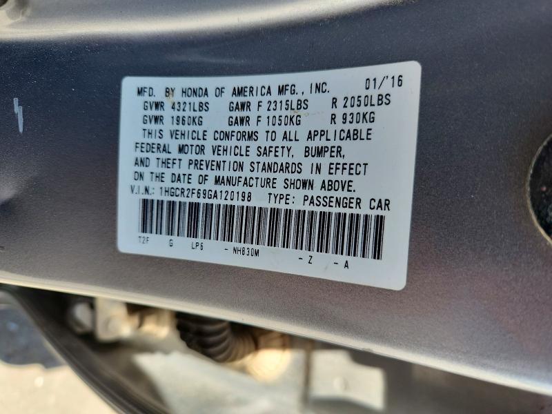 Продаж на аукціоні авто 2016 Honda Accord, vin: 1HGCR2F69GA120198, номер лоту: 62795026