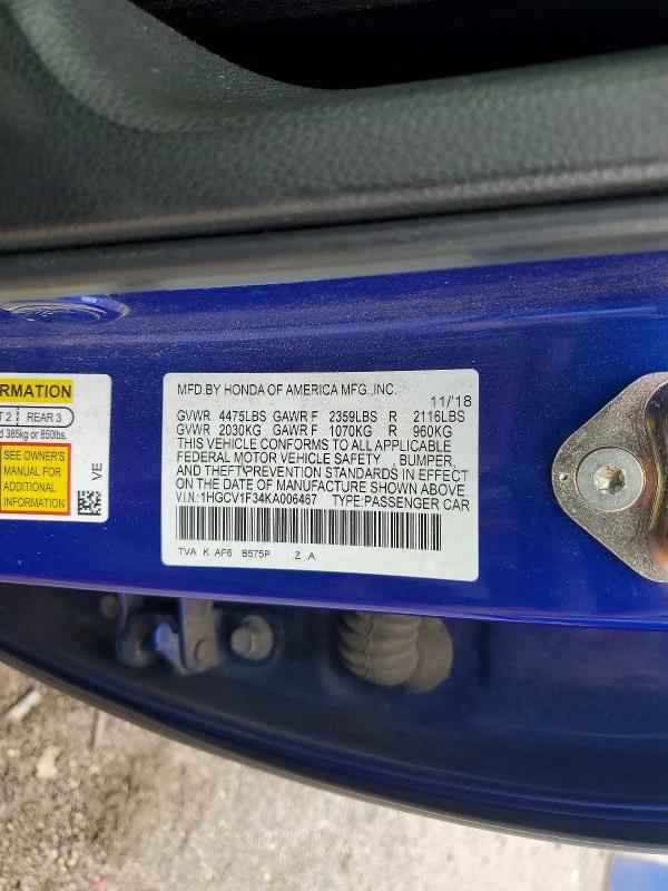 Продаж на аукціоні авто 2019 Honda Accord, vin: 1HGCV1F34KA006467, номер лоту: 59992936