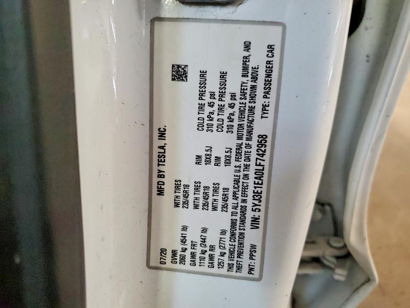 Aukcja sprzedaży 2020 Tesla Model 3, vin: 5YJ3E1EA0LF742958, numer aukcji: 60762026