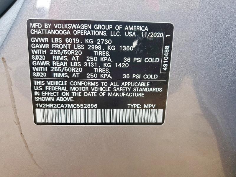 Auction sale of the 2021 Volkswagen Atlas, vin: 1V2HR2CA7MC552896, lot number: 62394476