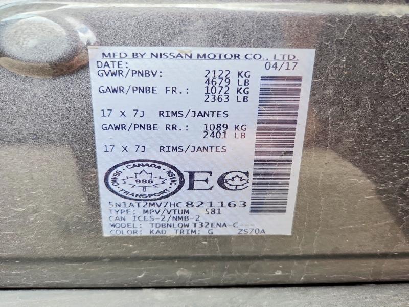61786906 :رقم المزاد ، 5N1AT2MV7HC821163 vin ، 2017 Nissan Rogue مزاد بيع