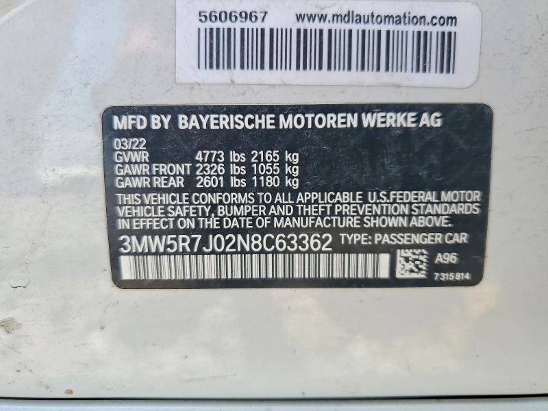 Aukcja sprzedaży 2022 Bmw 330xi, vin: 3MW5R7J02N8C63362, numer aukcji: 59210606