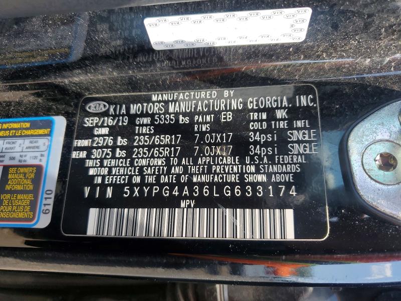 60394346 :رقم المزاد ، 5XYPG4A36LG633174 vin ، 2020 Kia Sorento مزاد بيع