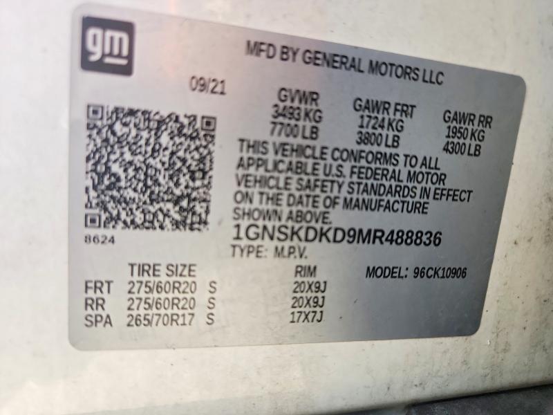 Продаж на аукціоні авто 2021 Chevrolet Suburban, vin: 1GNSKDKD9MR488836, номер лоту: 63469016