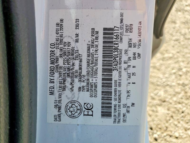 2012 Ford Fusion მანქანა იყიდება აუქციონზე, vin: 3FADP0L38CR166117, აუქციონის ნომერი: 62103086