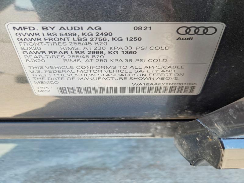 60041446 :رقم المزاد ، WA1EAAFY2N2001095 vin ، 2022 Audi Q5 مزاد بيع