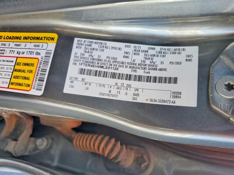 2021 Ford Ranger მანქანა იყიდება აუქციონზე, vin: 1FTER4EH0MLE01120, აუქციონის ნომერი: 62913086
