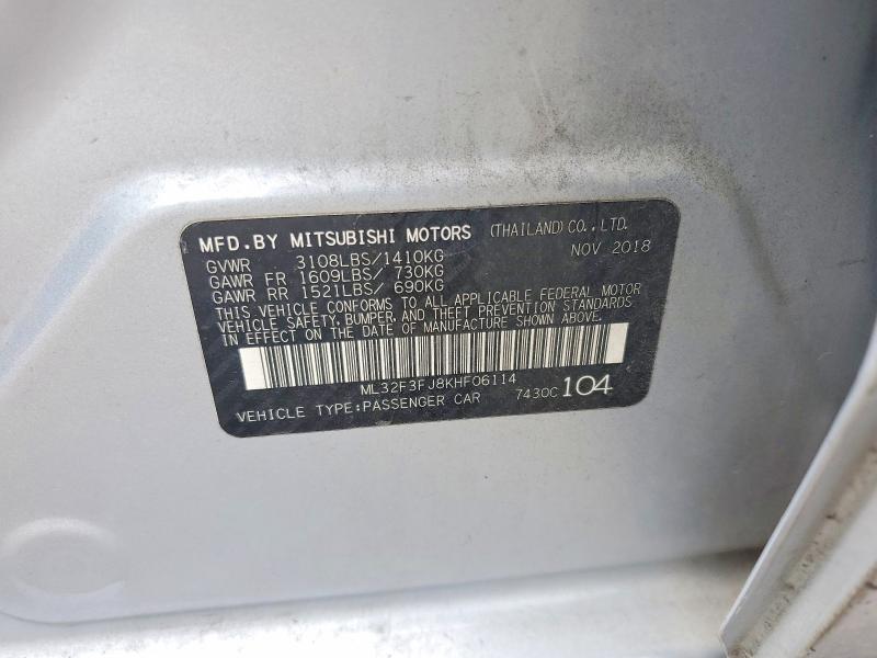 2019 Mitsubishi Mirage მანქანა იყიდება აუქციონზე, vin: ML32F3FJ8KHF06114, აუქციონის ნომერი: 59986856