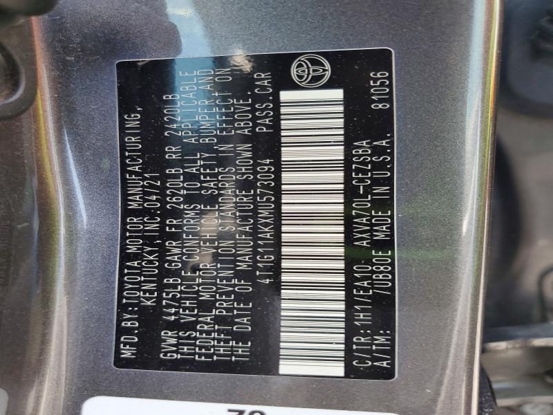 63326736 :رقم المزاد ، 4T1G11AKXMU573094 vin ، 2021 Toyota Camry مزاد بيع