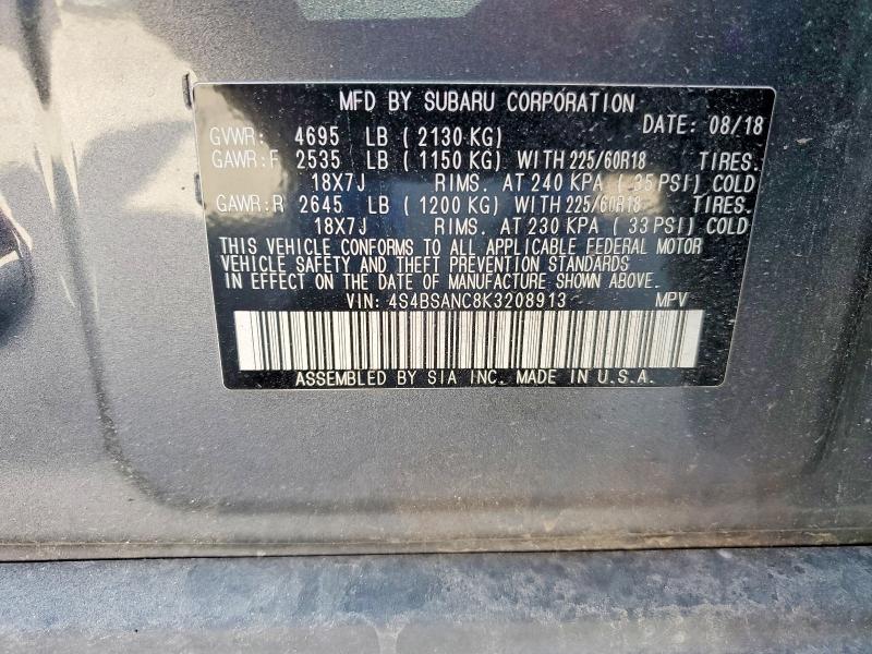 2019 Subaru Outback მანქანა იყიდება აუქციონზე, vin: 4S4BSANC8K3208913, აუქციონის ნომერი: 59270116