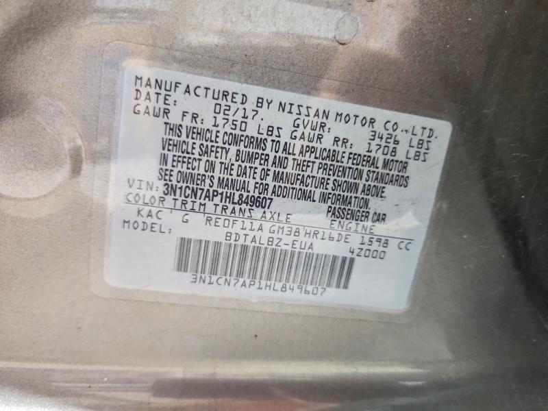 2017 Nissan Versa მანქანა იყიდება აუქციონზე, vin: 3N1CN7AP1HL849607, აუქციონის ნომერი: 61981386