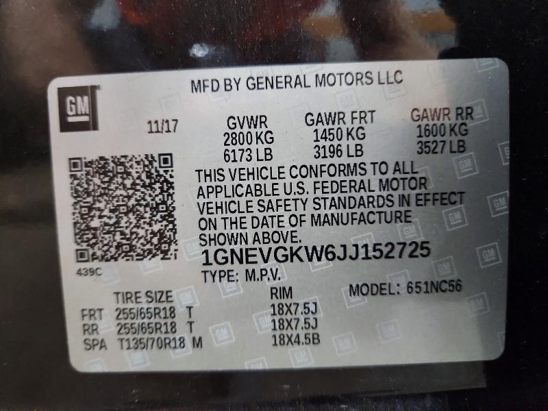 59120936 :رقم المزاد ، 1GNEVGKW6JJ152725 vin ، 2018 Chevrolet Traverse مزاد بيع