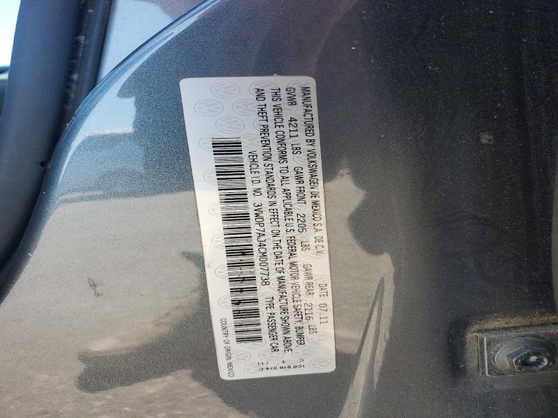 Aukcja sprzedaży 2012 Volkswagen Jetta, vin: 3VWDP7AJ4CM007738, numer aukcji: 60224466