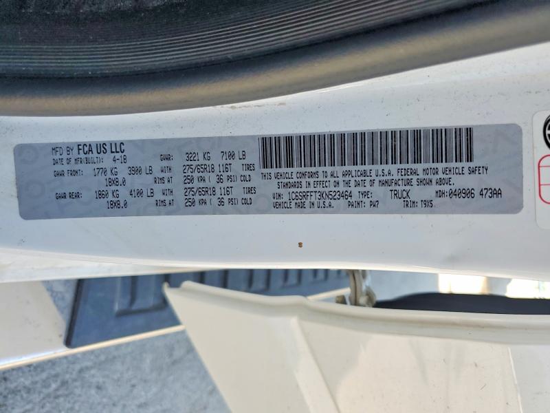 Продажа на аукционе авто 2019 Ram 1500, vin: 1C6SRFFT3KN523464, номер лота: 59837776