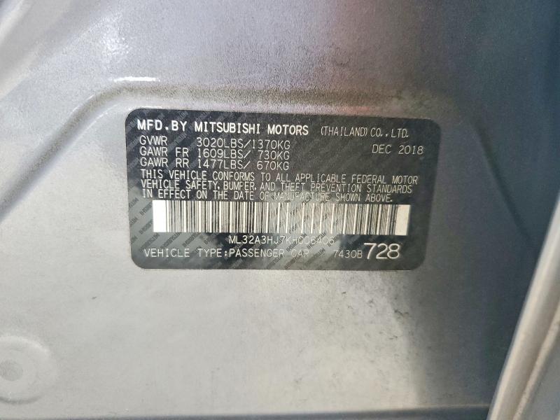 61586326 :رقم المزاد ، ML32A3HJ7KH006406 vin ، 2019 Mitsubishi Mirage مزاد بيع