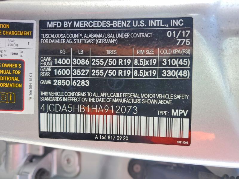 2017 Mercedes-benz Gle მანქანა იყიდება აუქციონზე, vin: 4JGDA5HB1HA912073, აუქციონის ნომერი: 60870196