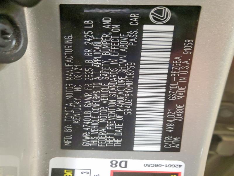 Aukcja sprzedaży 2021 Lexus Es 350, vin: 58ADZ1B1XMU108759, numer aukcji: 61227976