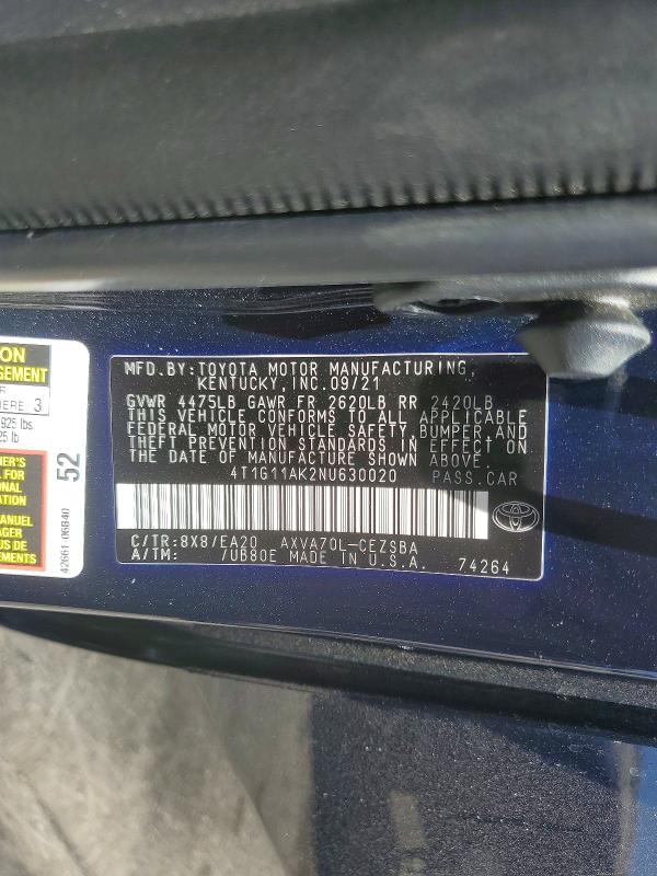 2022 Toyota Camry მანქანა იყიდება აუქციონზე, vin: 4T1G11AK2NU630020, აუქციონის ნომერი: 60453076