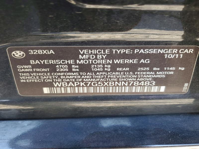 2011 Bmw 328 მანქანა იყიდება აუქციონზე, vin: WBAPK7G5XBNN78483, აუქციონის ნომერი: 60757206